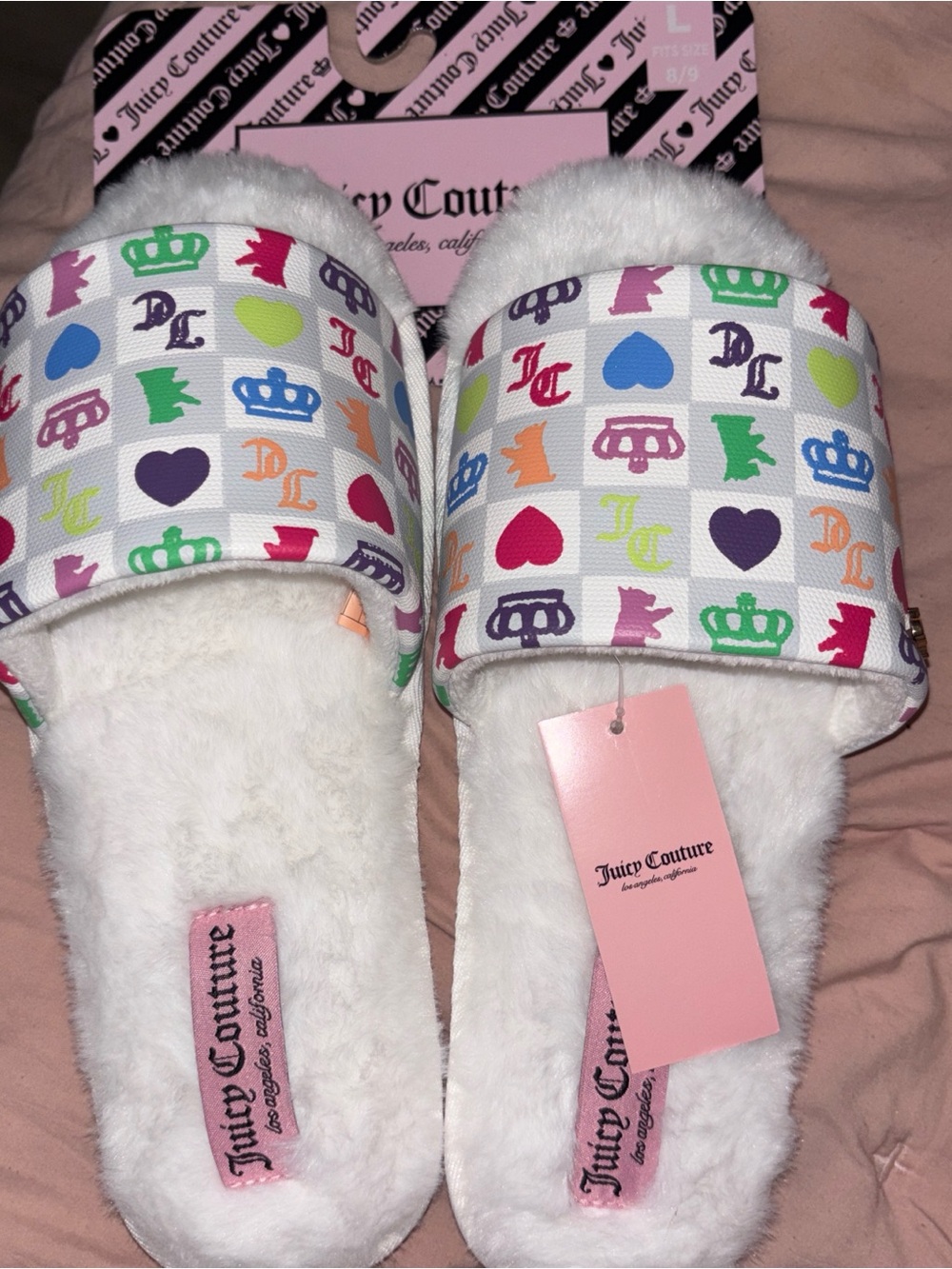 Juicy Couture White Fuzzy Slide Slippers with Multicolor Logo Print